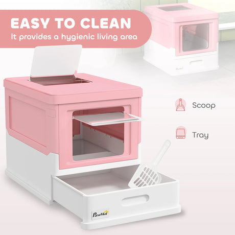 PawHut Hooded Cat Litter Box, Portable Pet Toilet, with Scoop, Front Entry - Pink
