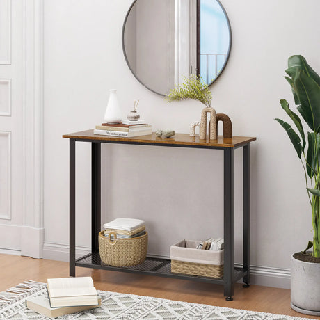 HOMCOM Industrial Console Table14Entryway Table w/Bottom Mesh Shelf Metal Frame Vintage Sofa Table for Hallway, Living Room, Rustic Brown