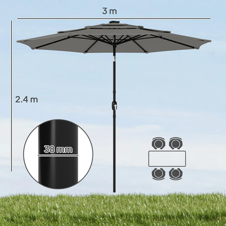 Outsunny Garden Parasol, Parasol Umbrella with 3-tier Roof, Crank Handle, Tilt Function, Polyester Canopy, Grey