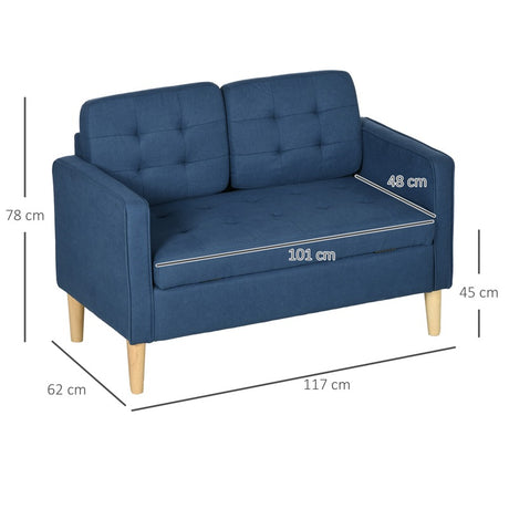 HOMCOM Modern Loveseat Sofa, Compact 2 Seater Sofa with Hidden Storage, 117cm Tufted Cotton Couch with Wood Legs, Blue