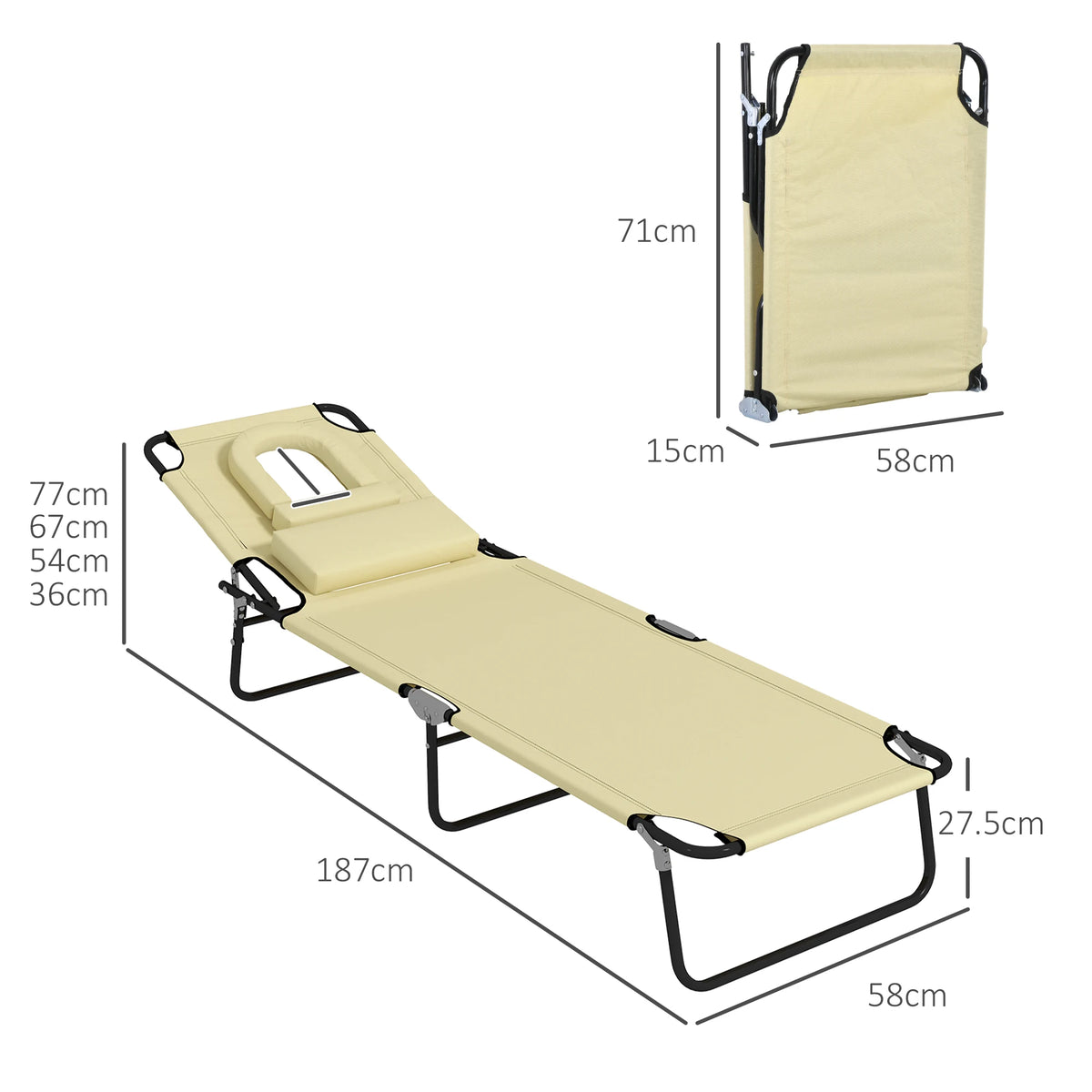 Outsunny Folding Sun Loungers Set of 2 with Face Hole, 4-Position Adjustable Backrest Garden Recliner Chairs Sunbeds, Outdoor Lounge Chairs with 600 D Oxford Cloth Seat, Pillow for Beach, Beige