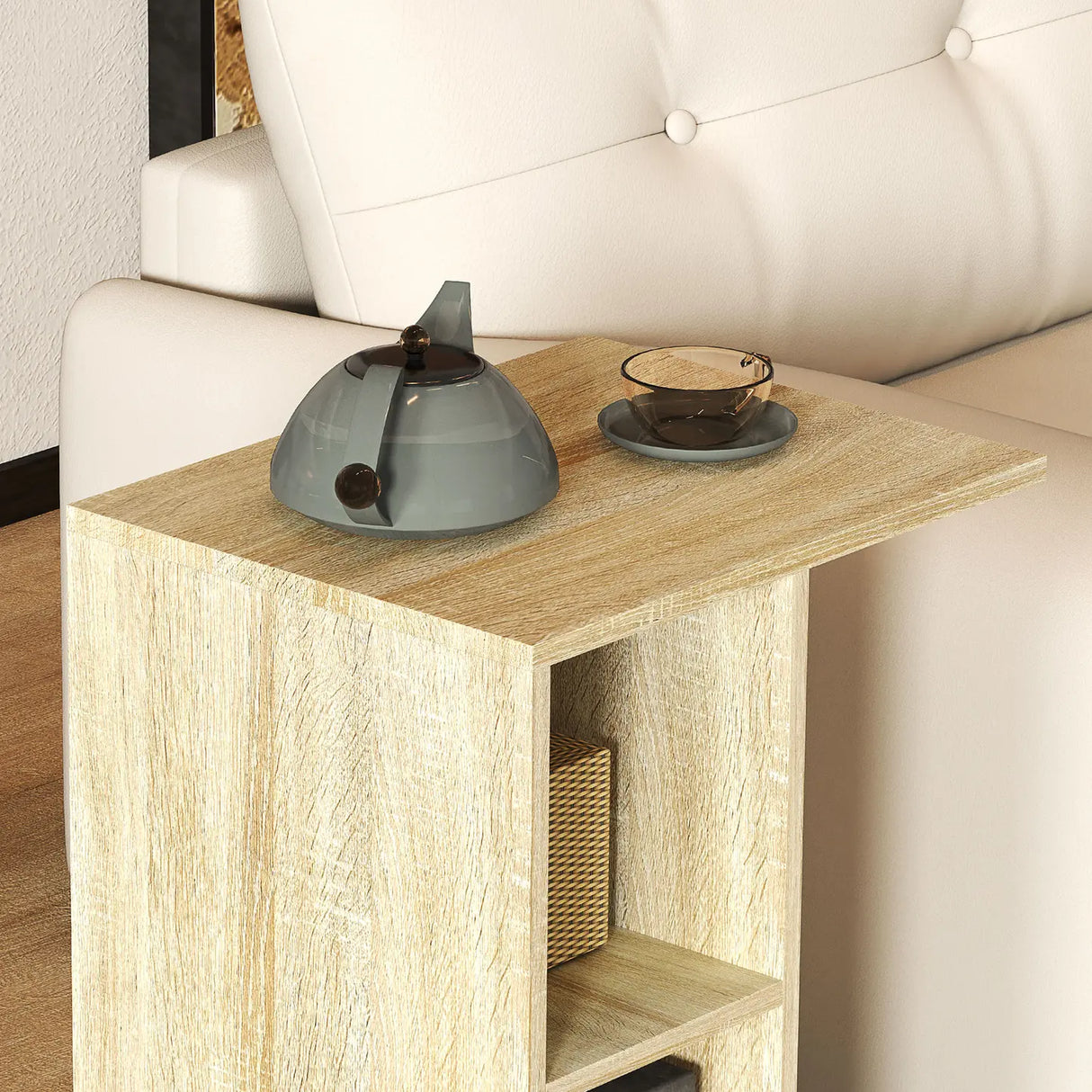 HOMCOM C-Shape End Table Unique Storage Unit w/ 2 Shelves 4 Wheels Freestanding Home Office Furniture Cabinet Square Studio Natural