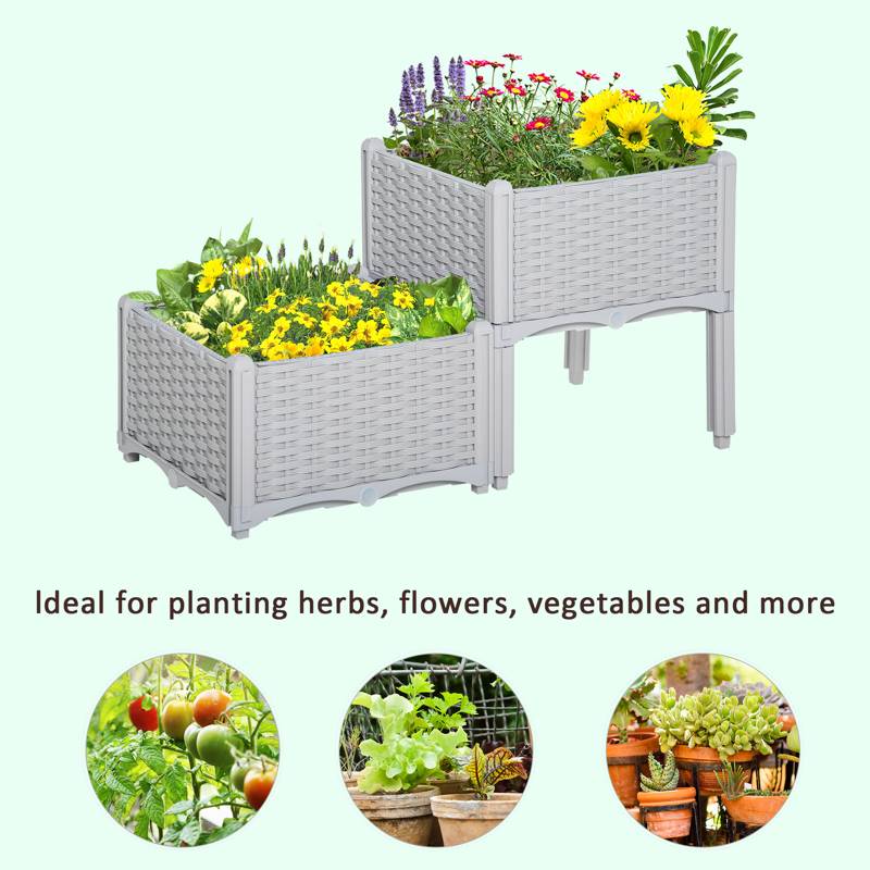 Outsunny 40cm x 40cm x 44cm Set of 2 26L Garden Raised Bed Elevated Patio Flower Plant Planter Box PP Vegetables Planting Container, Grey