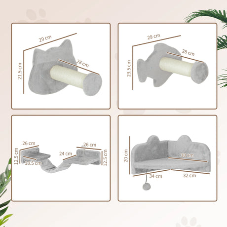 PawHut 4-Piece Cat Wall Shelves with Steps, Ladder, Jumping Platforms, Light Grey