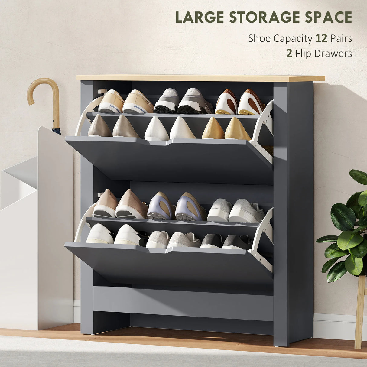 HOMCOM Slim Shoe Cabinet, Narrow Shoe Cupboard with 2 Flip Drawers, Adjustable Shelves for 12 Pairs of Shoes, Charcoal Grey