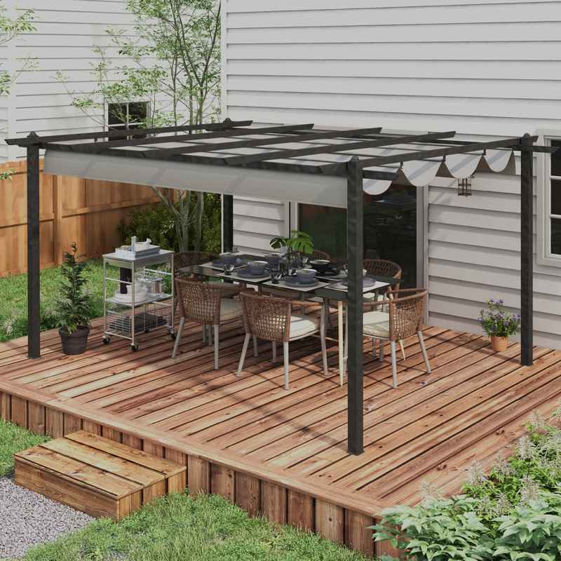 Outsunny 4 x 3(m) Aluminium Pergola with Retractable Roof, Garden Gazebo Canopy Shelter for Outdoor, Patio, Grey