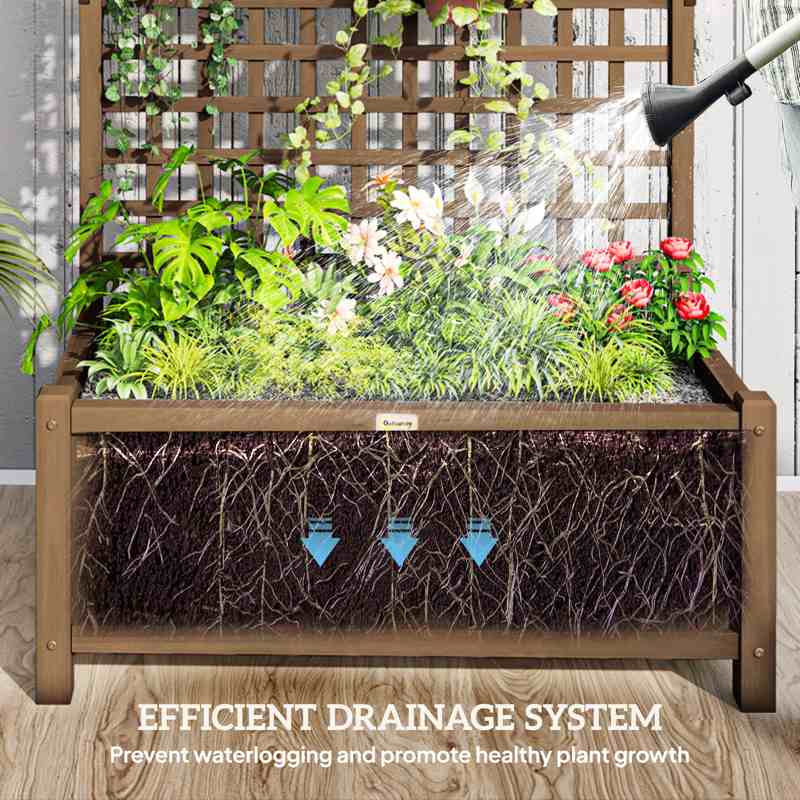 Outsunny Raised Bed with Drainage Holes, Wood Planter with Trellis for Climbing Plants to Grow Vegetables, Flowers, Brown