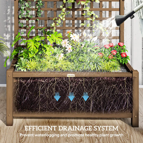Outsunny Raised Bed with Drainage Holes, Wood Planter with Trellis for Climbing Plants to Grow Vegetables, Flowers, Brown
