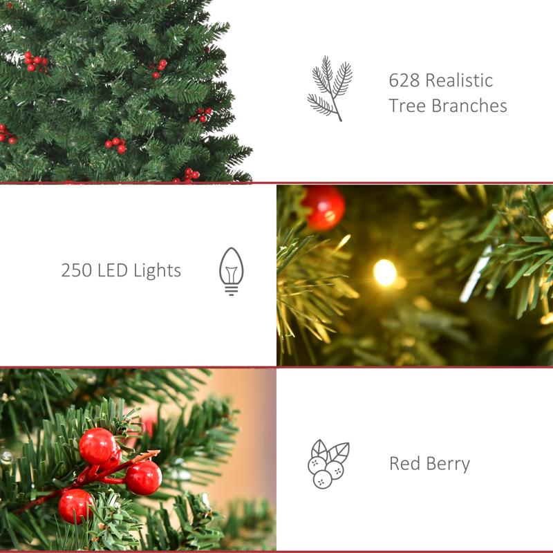 HOMCOM 6FT Prelit Artificial Pencil Christmas Tree with Warm White LED Light, Red Berry, Holiday Home Xmas Decoration, Green