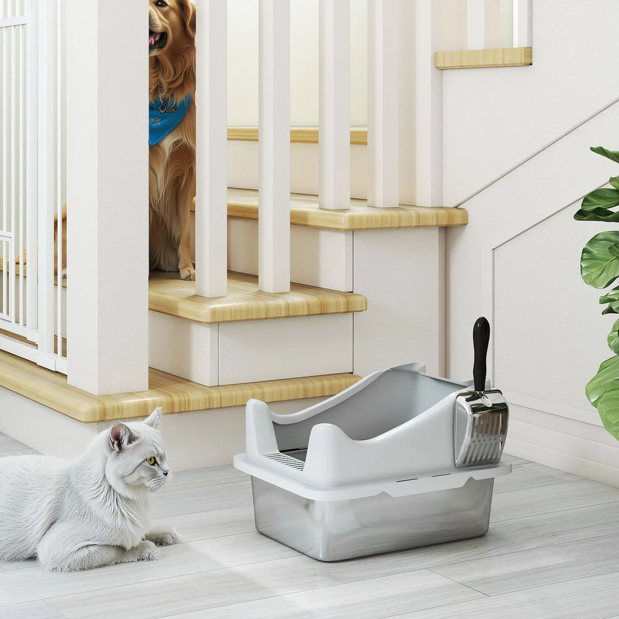 PawHut Stainless Steel Cat Litter Box with High Sides, Metal Scoop, 43 x 33 x 25 cm