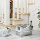 PawHut Stainless Steel Cat Litter Box with High Sides, Metal Scoop, 43 x 33 x 25 cm