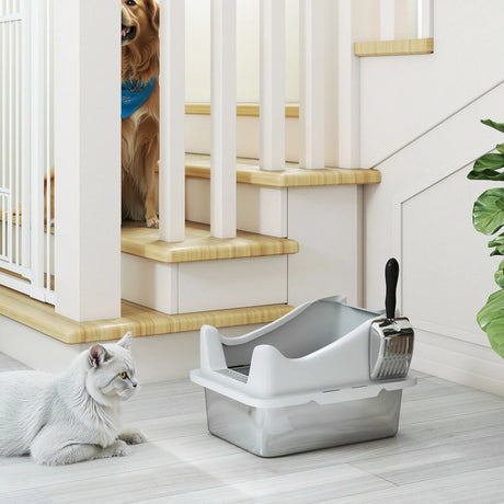 PawHut Stainless Steel Cat Litter Box with High Sides, Metal Scoop, 43 x 33 x 25 cm