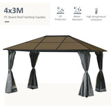 Outsunny 3 x 4m Hardtop Gazebo Canopy with Polycarbonate Roof, Aluminium Frame, Permanent Pavilion Garden Gazebo with Netting and Curtains - Grey