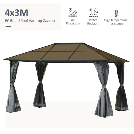Outsunny 3 x 4m Hardtop Gazebo Canopy with Polycarbonate Roof, Aluminium Frame, Permanent Pavilion Garden Gazebo with Netting and Curtains - Grey