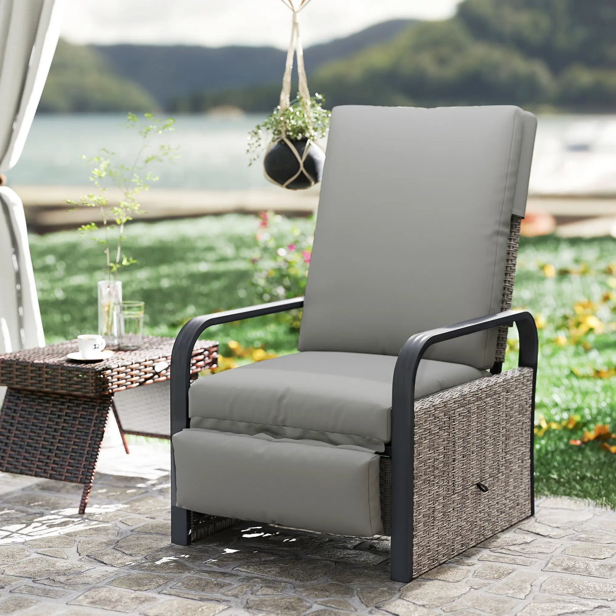 Outsunny 140 Reclining Rattan Armchair - Mixed Grey