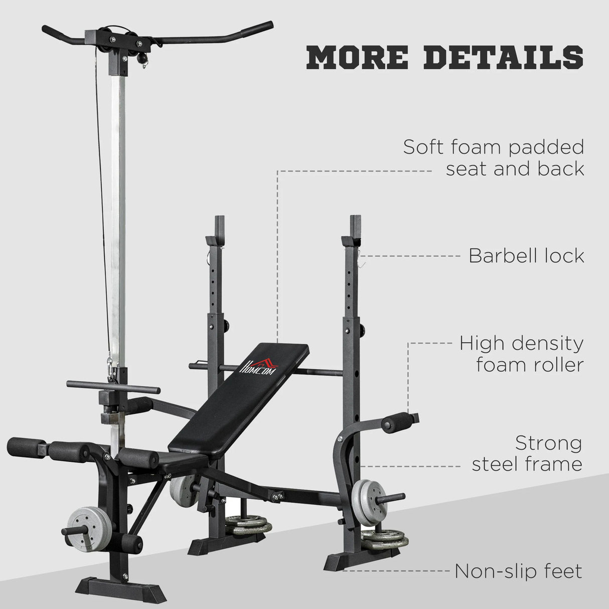 HOMCOM Adjustable Weight Bench with Pulley System, Incline Bench Press Set with Squat Rack, Leg Developer, Butterfly and Weight Storage, for Home Gym Full Body Workout