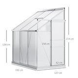 Outsunny 6 x 4ft Lean to Wall Polycarbonate Greenhouse Aluminium Walk-in Garden Greenhouse with Adjustable Roof Vent, Rain Gutter and Sliding Door, Clear