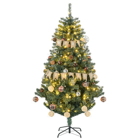 HOMCOM 6' Artificial Prelit Christmas Trees Holiday Décor with Warm White LED Lights, Decoration, Banner, Tag, Ball