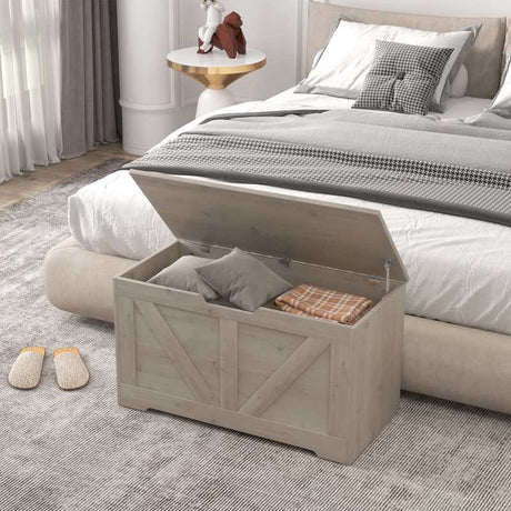 HOMCOM 100L Home Storage Box, with Safety Hinges - Grey Wood-Effect