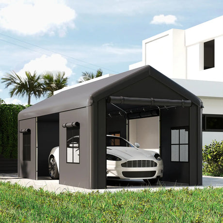 Outsunny 3 x 6 m Heavy Duty Carport, Portable Garage Car Canopy Tent with Galvanised Frame, Doors, Windows, Dark Grey