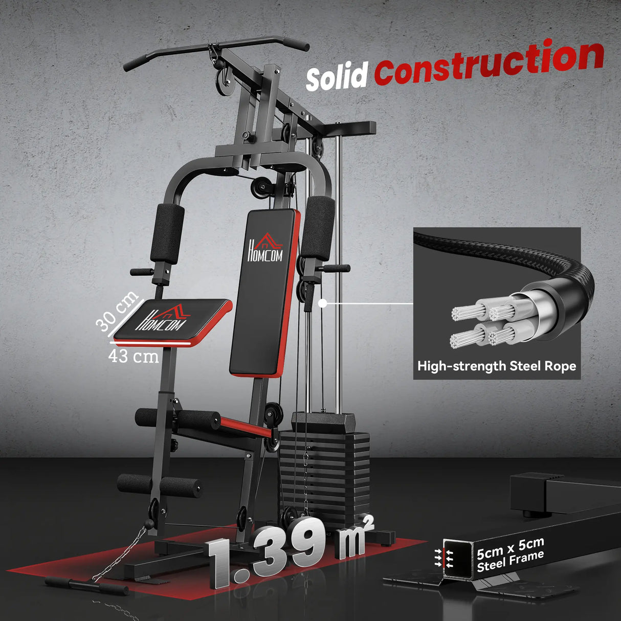 HOMCOM Multigym Station, with 66KG Weight Stack, for Strength Training - Red & Black