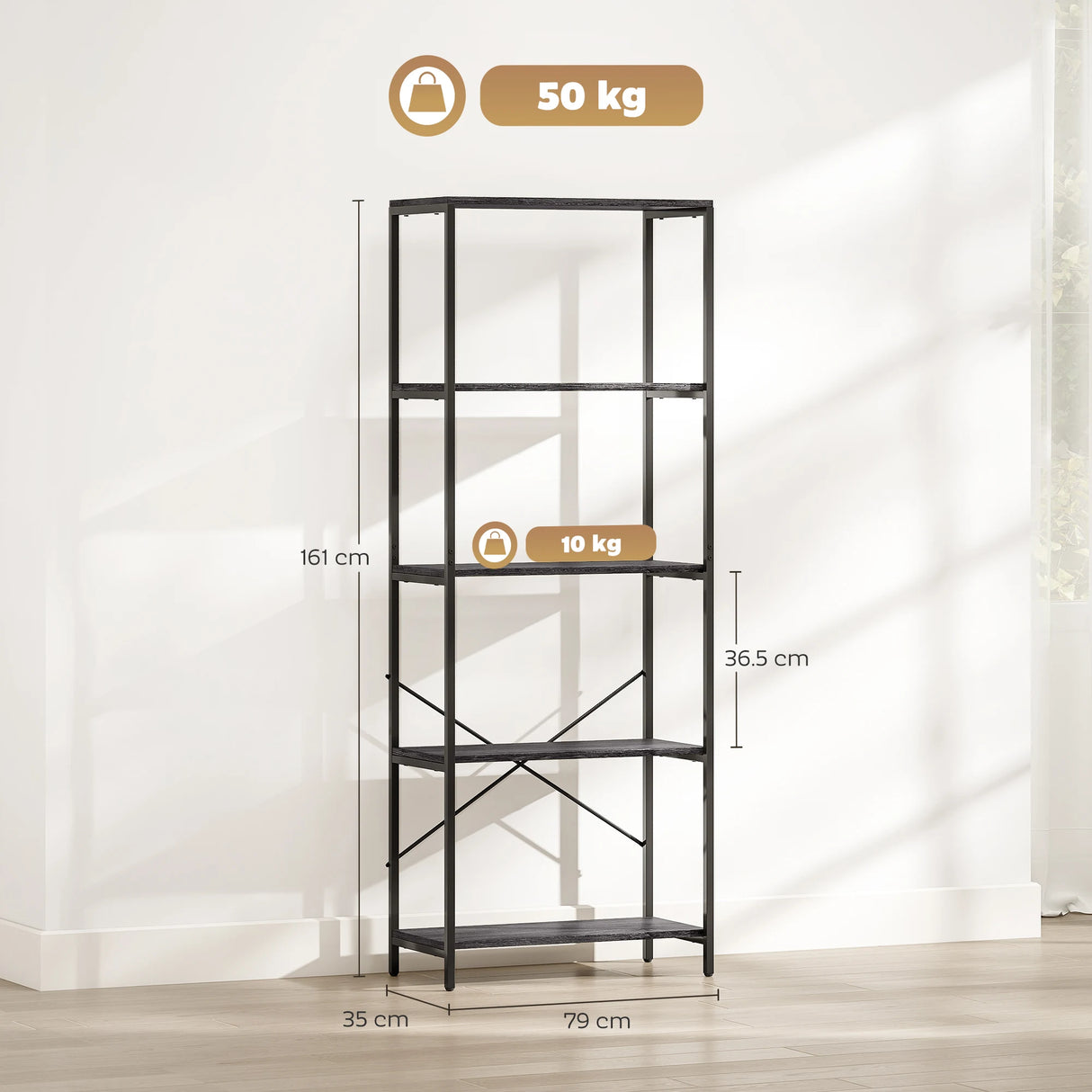 HOMCOM 5-Tier Bookshelf, Industrial Bookcase with Metal Frame - Dark Grey and Black