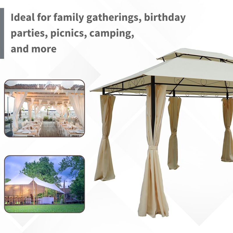 Outsunny 4m x 3(m)Garden Gazebo, Double Roof Outdoor Gazebo Canopy Shelter with Curtains, Solid Steel Frame for Lawn and Deck, Beige