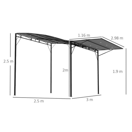 Outsunny 3 x 2.5m Patio Metal Gazebo Door Window Awning Wall Mount Metal Outdoor Shelter Charcoal Grey