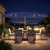 Outsunny Double Sided Garden Parasol with Base Included & 48 Solar LED Lights Patio Umbrella Crank Handle 4.6m Dark Blue