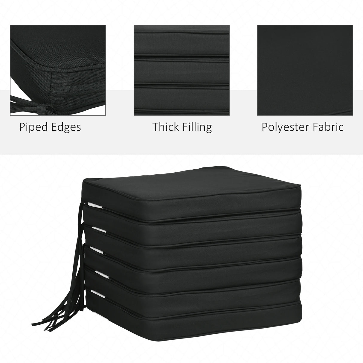 Outsunny Set of 6 Chair Cushion Seat Pads Dining Chair w/ Straps Indoor Outdoor Removable Tie On Garden Patio, Black