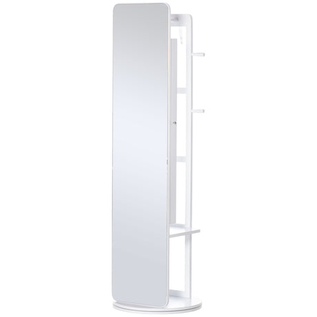 HOMCOM Full Length Mirror W/ Jewelry Cabinet Coat Rack, 360° Rotate White