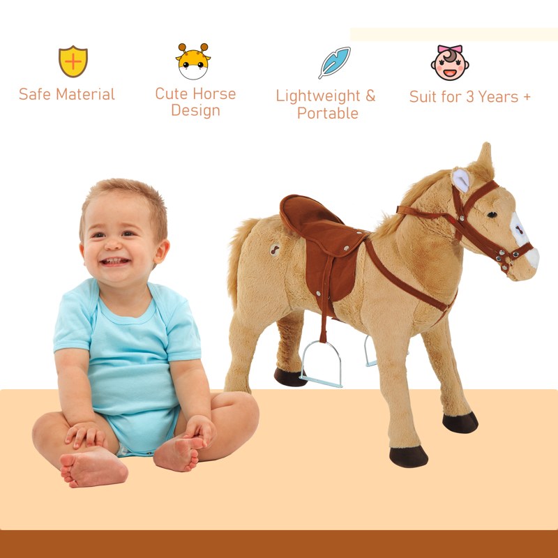 HOMCOM Kids Ride On Standing Horse Cuddly Toy Children Plush Soft Pony Gift w/ Neigh Sound or 3 Years and Up Beige