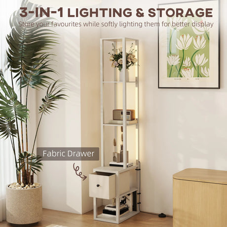 HOMCOM Floor Lamp with Shelves, LED Column Modern Standing Lamp with Fabric Drawer, Adjustable Brightness, Foot Switch for Living Room, Bedroom, Office, Oak
