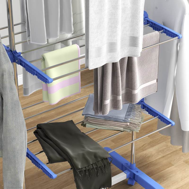 HOMCOM Three-Shelf Collapsing Clothes Horse, With Side Arms and Wheels - Blue