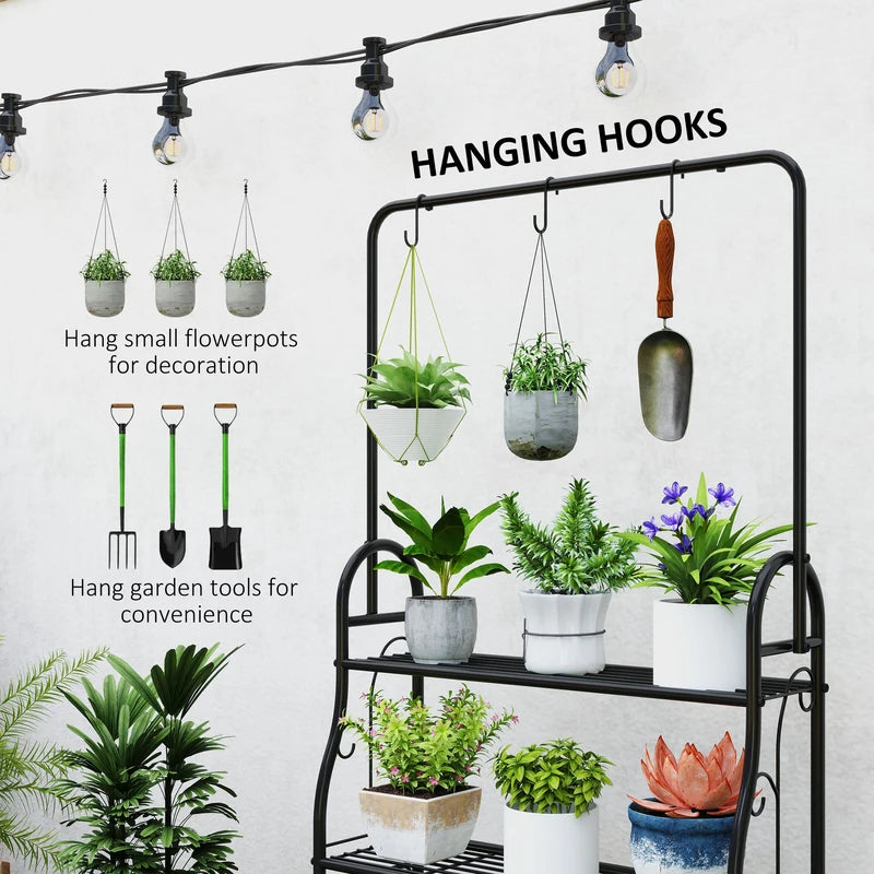 Outsunny 3 Tier Plant Stand with Hanging Rod and Hooks, Metal Plant Rack Shelf, Ladder Flower Pot for Indoor Outdoor Porch Balcony Living Room Bedroom, Black