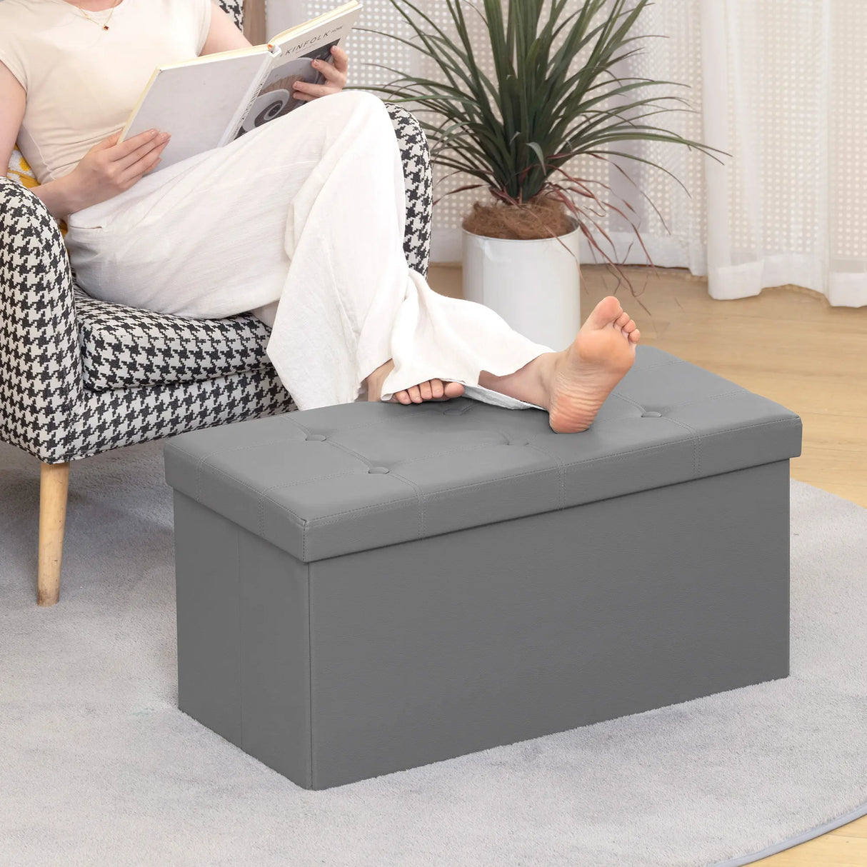 HOMCOM Storage Ottoman Bench, 89L PU Leather Folding Foot Rest Stool, End of Bed Bench, Easy Assembly, for Living Room, Bedroom, Entryway, Grey