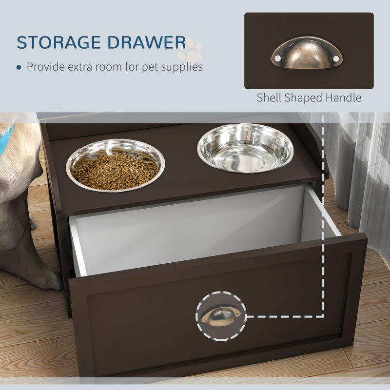 PawHut Stainless Steel Raised Dog Bowls, with 21L Storage Drawer for Large Dogs - Brown