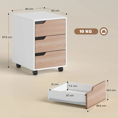 HOMCOM 3 Drawer Mobile File Cabinet, Vertical Filing Cabinet with Wheels for Home Office, Oak