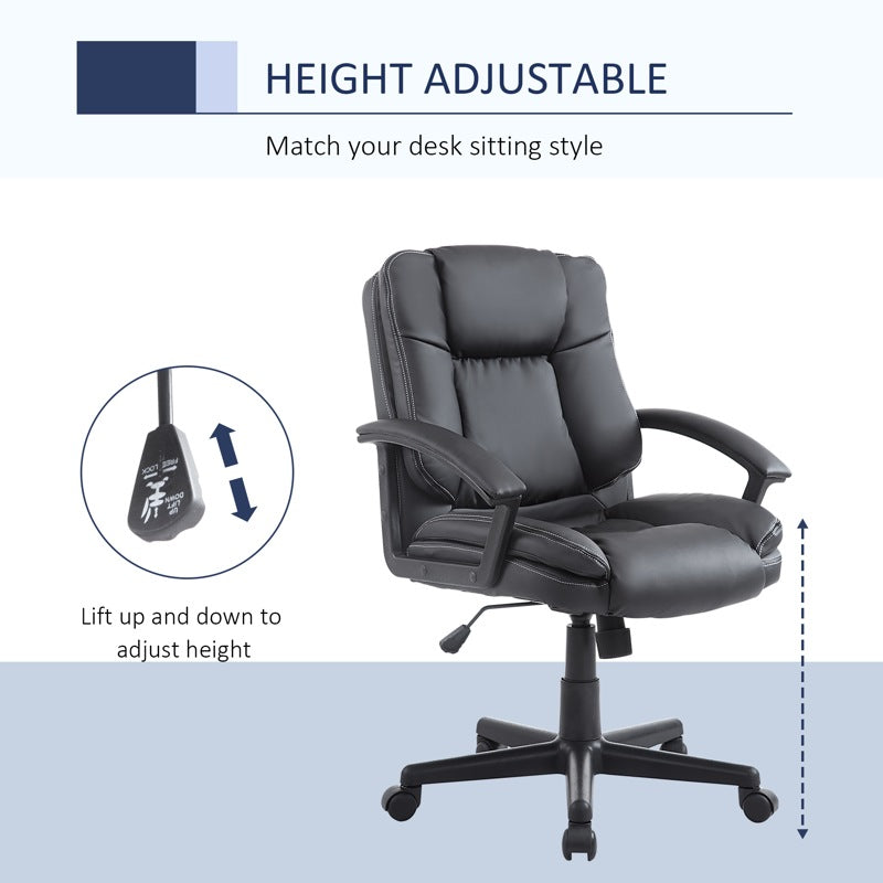 HOMCOM Office Chair, Computer Desk Chair, PU Leather Mid Back Executive Chair with Adjustable Height and Swivel Rolling Wheels for Home Study, Black