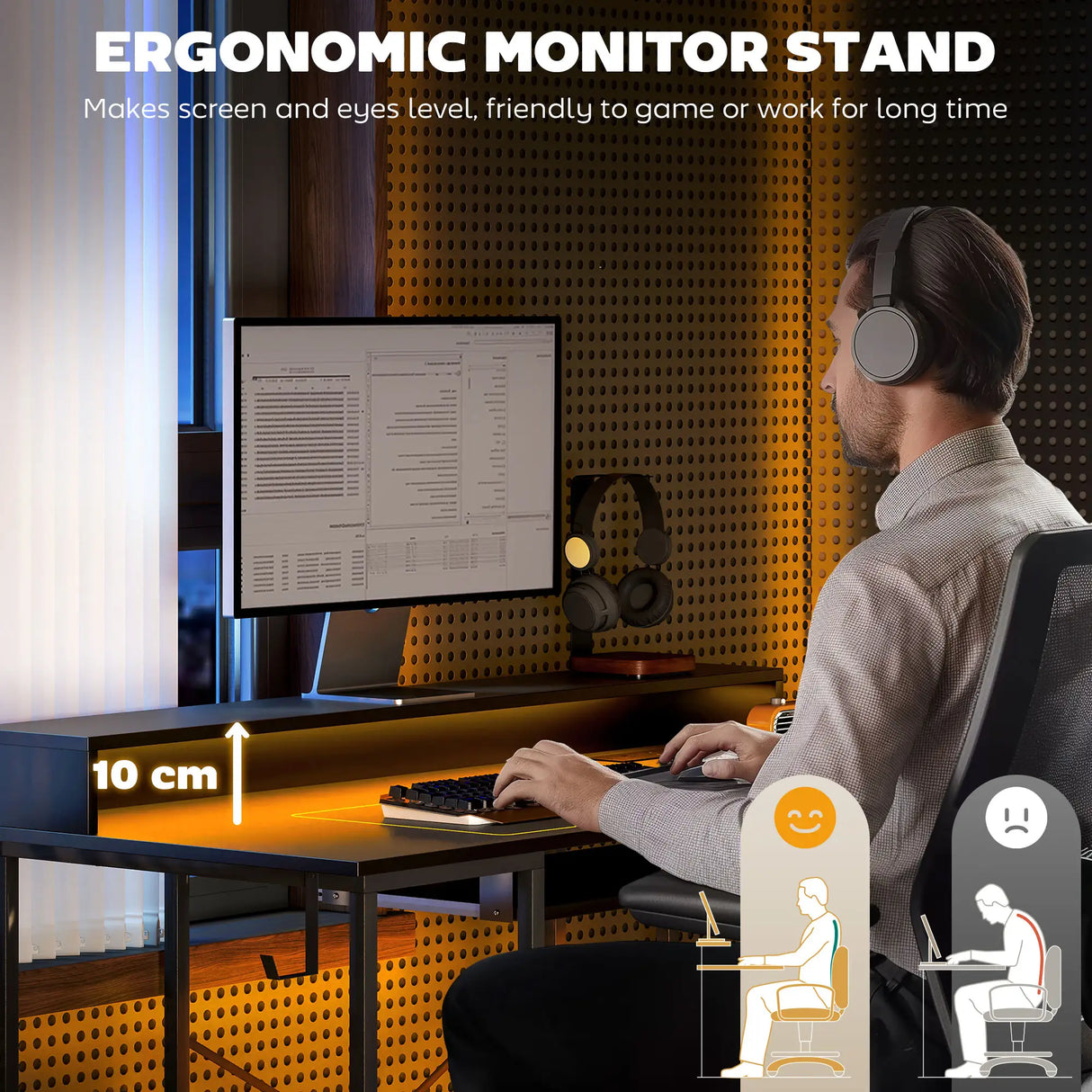 HOMCOM Computer Desk with LED Lights and Power Outlets, 120 x 55 cm Gaming Desk with Monitor Stand, Sliding Keyboard Tray and Storage Shelves for Home Office, Black