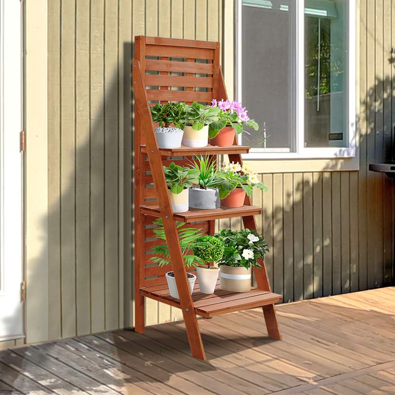 Outsunny Three-Tier Plant Stand, Wood Ladder Shelf for Flower Pot Display, Outdoor Indoor Organiser