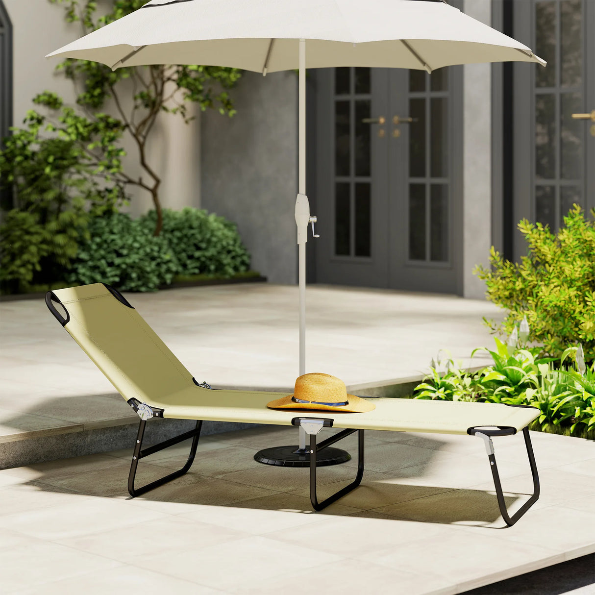 Outsunny Foldable Sun Lounger with 5-Position Adjustable Backrest, Outdoor Portable Recliner Chaise Lounge Chair with Breathable Mesh Fabric, Beige