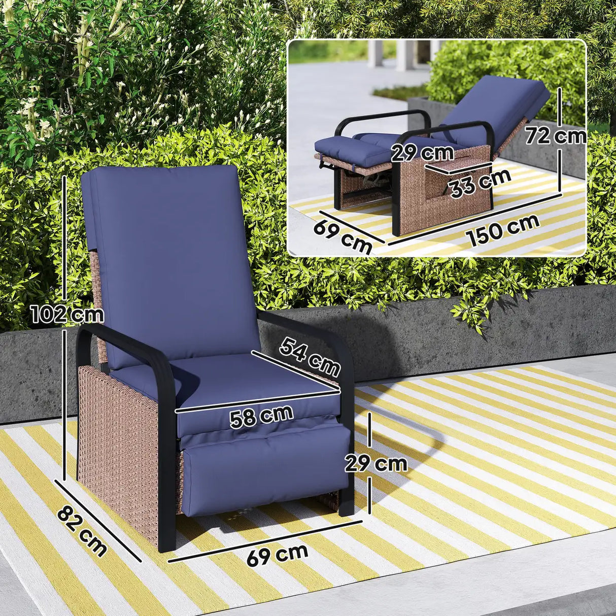 Outsunny 140 Reclining Rattan Armchair - Brown/Blue