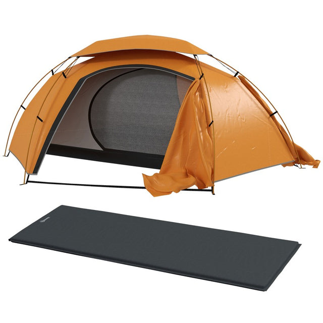 Outsunny Camping Tent with Self Inflatable Mattress, 1 Person Dome Tent with Removable Rainfly and Aluminium Frame, 2000mm Waterproof, Portable with Bags, for Fishing Hiking, Orange/Grey