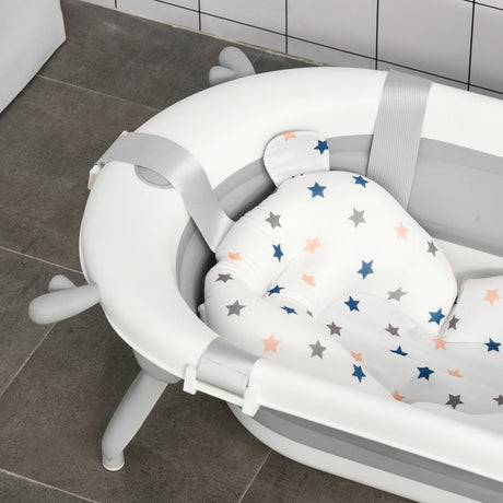 HOMCOM Foldable Baby Bathtub Set, Collapsible Bath Tub with Thermostatic Water Plug, Non-Slip Support, Cushion Pad, Drain Plugs, for Newborn to 3 Years - Offwhite