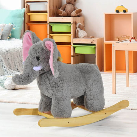 HOMCOM Kids Children Rocking Horse Plush Ride on Animal Wooden Riding Traditional Rocker Gift w/32 nursery rhymes (Grey Elephant)