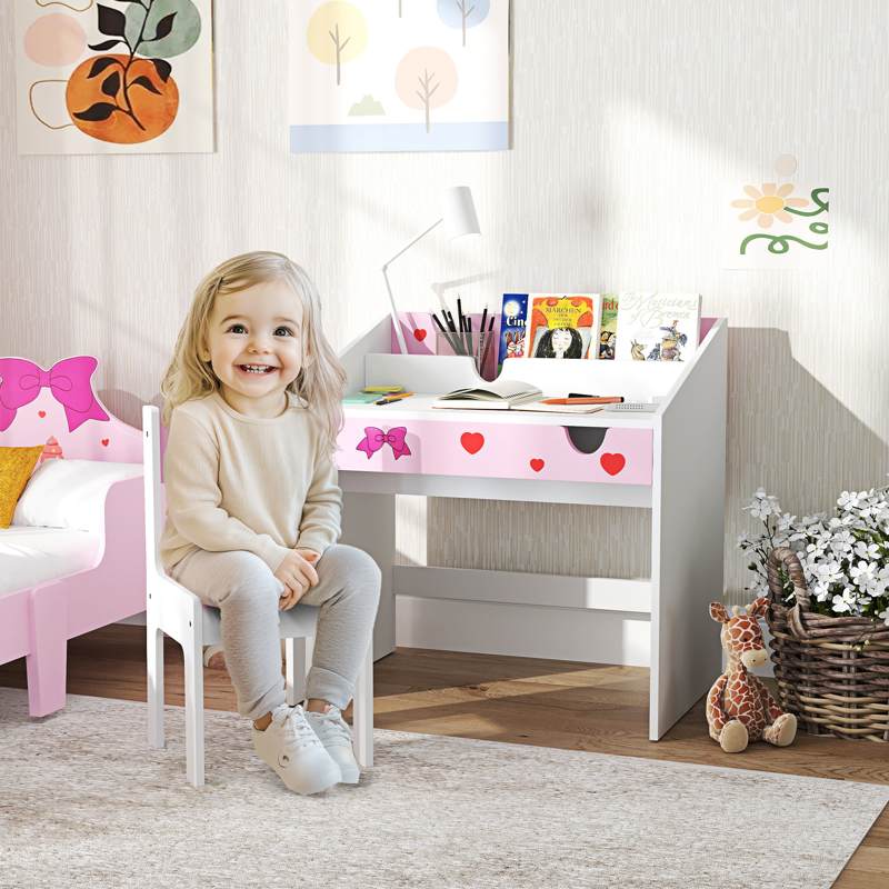 AIYAPLAY Children Study Table and Chair, Kids Desk and Chair Set with Storage, Pull-out Drawer, Gift for 3-6 Years Old - Pink