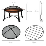 Outsunny 76cm Metal Large Firepit Bowl Outdoor Round Fire Pit w/ Lid, Log Grate, Poker for Backyard, Camping, Picnic, Bonfire, Wood Burning Stove, Bronze