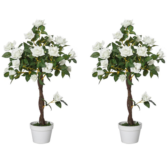 Outsunny Set of 2 Artificial Plants White Rose Floral in Pot, Fake Plants for Home Indoor Outdoor Decor, 90cm