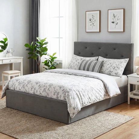 HOMCOM King Size Bed Frame Gas Side Lift Under Bed Storage Upholstered Platform Bed Tufted Headboard for 150 x 200 cm Mattress